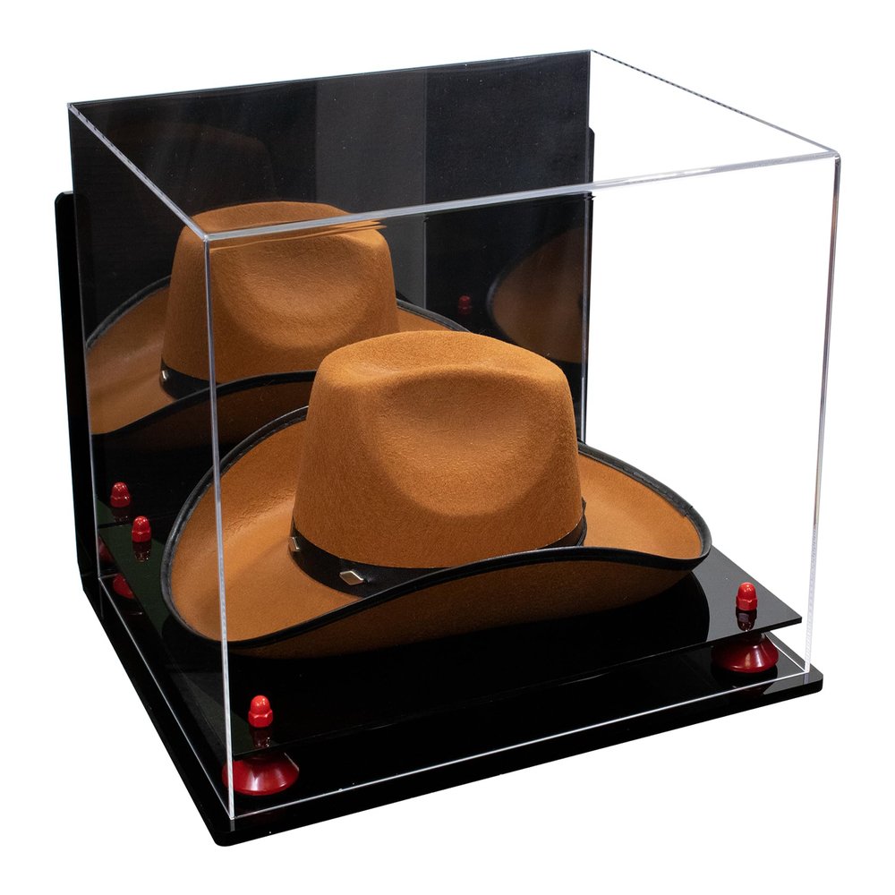 Better Display Cases Acrylic Cowboy Hat Display Case with Mirror Case, Red Risers and Black Base and Wallmount - 16" x 13" x 12" (A024-B/V61B)