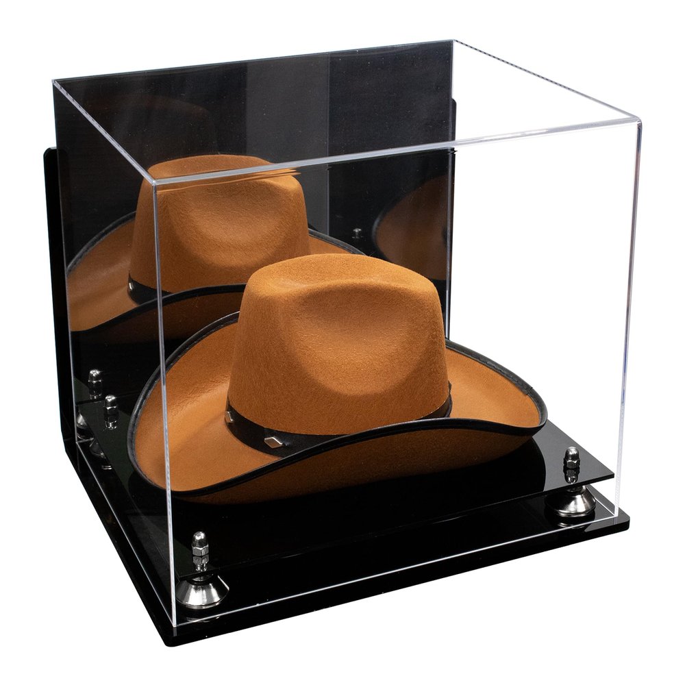 Better Display Cases Acrylic Cowboy Hat Display Case with Mirror Case, Silver Risers and Black Base and Wallmount - 16" x 13" x 12" (A024-B/V61B)