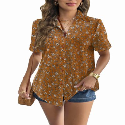 Zeagoo Women Short Sleeve Blouse Linen Button Up Shirt Casual Button Down Shirt Cotton Tops Loose Fit