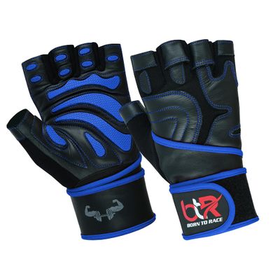 BTR BORN TO RACE Weight Lifting Gloves Cowhide Leather Fingerless Padded Body Building Long Wrist Support Gym Excercise Powerlifting Leather Gloves Unisex Design (Blue, Large)