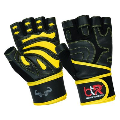 BTR BORN TO RACE Weight Lifting Gloves Cowhide Leather Fingerless Padded Body Building Long Wrist Support Gym Excercise Powerlifting Leather Gloves Unisex Design (Yellow, Large)