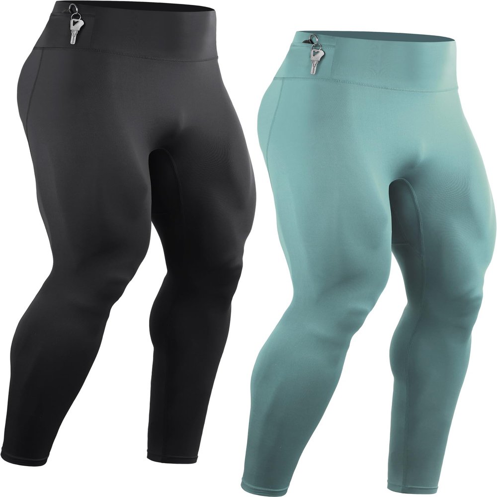 CADMUS Mens Compression Workout Pants Tights Leggings Muscle Baselayer Running, Black, Bluish Green, 1125, 2XL