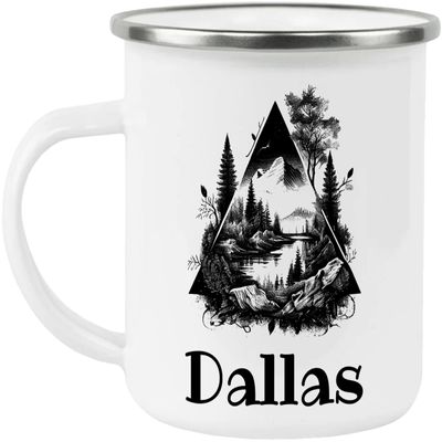 Dallas Adventure Awaits Custom Name Enamel Campfire Mug, Mountain Camping Coffee Cup, Nature Outdoor Personalized - White - One size