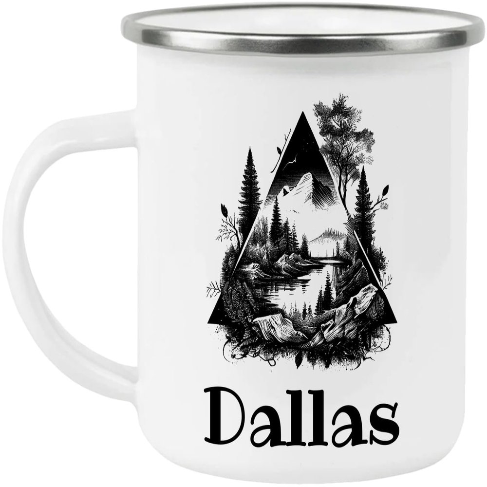 Dallas Adventure Awaits Custom Name Enamel Campfire Mug, Mountain Camping Coffee Cup, Nature Outdoor Personalized - White - One size