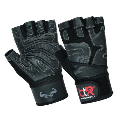 BTR BORN TO RACE Weight Lifting Gloves Cowhide Leather Fingerless Padded Body Building Long Wrist Support Gym Excercise Powerlifting Leather Gloves Unisex Design (All Black, Small)