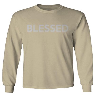 VICES AND VIRTUESS 0558. Blessed Cool Graphic Fonts Christian Motivational Quote Jesus Religious Men's Long Sleeve t Shirt (Beige Medium)