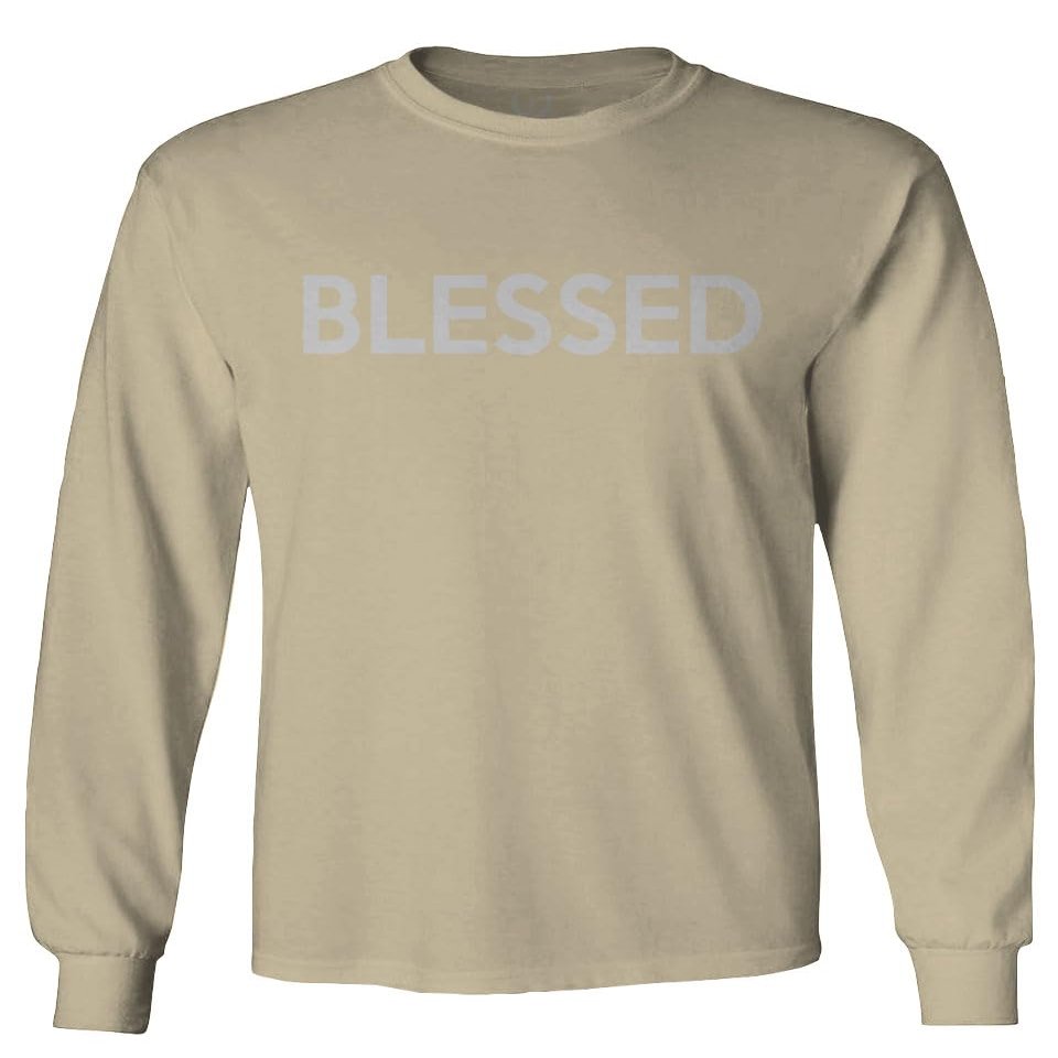 VICES AND VIRTUESS 0558. Blessed Cool Graphic Fonts Christian Motivational Quote Jesus Religious Men's Long Sleeve t Shirt (Beige Medium)