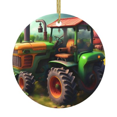 Fantasy Farm Tractor Exquisite Christmas Ceramic Pendant - Round Holiday Decoration for Festive Ambiance