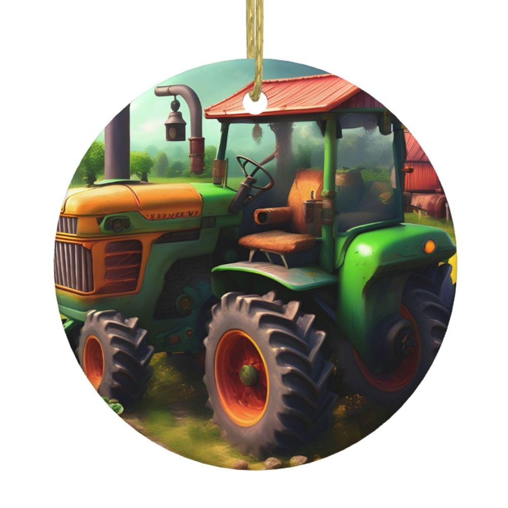 Fantasy Farm Tractor Exquisite Christmas Ceramic Pendant - Round Holiday Decoration for Festive Ambiance