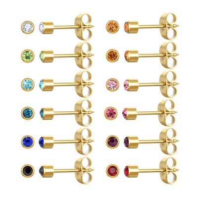 12 Pairs Ear Piercing Stud Earrings, Surgical Stainless Steel Multicolor Cubic Zirconia Birthstone Stud Earrings for Ear Piercing Guns (Gold 4mm)