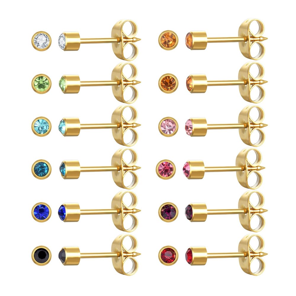 12 Pairs Ear Piercing Stud Earrings, Surgical Stainless Steel Multicolor Cubic Zirconia Birthstone Stud Earrings for Ear Piercing Guns (Gold 4mm)