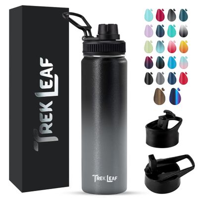 Trek Leaf Travel Water Bottle with 3 Lids (Spout, Straw, Flip) Leak Proof, Quality, Vacuum Insulated, Stainless Steel (Charcoal Fog, 22 oz)