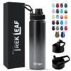 Trek Leaf Travel Water Bottle with 3 Lids (Spout, Straw, Flip) Leak Proof, Quality, Vacuum Insulated, Stainless Steel (Charcoal Fog, 22 oz) view 1