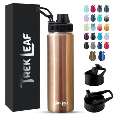 Trek Leaf Travel Water Bottle with 3 Lids (Spout, Straw, Flip) Leak Proof, Quality, Vacuum Insulated, Stainless Steel (Rose Gold, 22 oz)