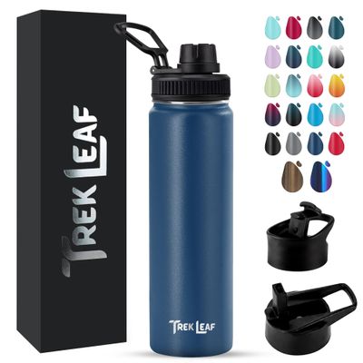 Trek Leaf Travel Water Bottle with 3 Lids (Spout, Straw, Flip) Leak Proof, Quality, Vacuum Insulated, Stainless Steel (Navy Blue, 22 oz)