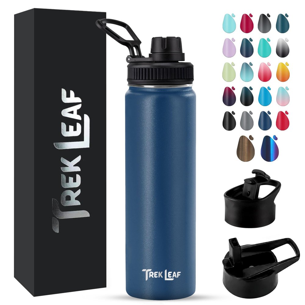 Trek Leaf Travel Water Bottle with 3 Lids (Spout, Straw, Flip) Leak Proof, Quality, Vacuum Insulated, Stainless Steel (Navy Blue, 22 oz)