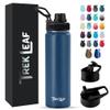 Trek Leaf Travel Water Bottle with 3 Lids (Spout, Straw, Flip) Leak Proof, Quality, Vacuum Insulated, Stainless Steel (Navy Blue, 22 oz) view 1
