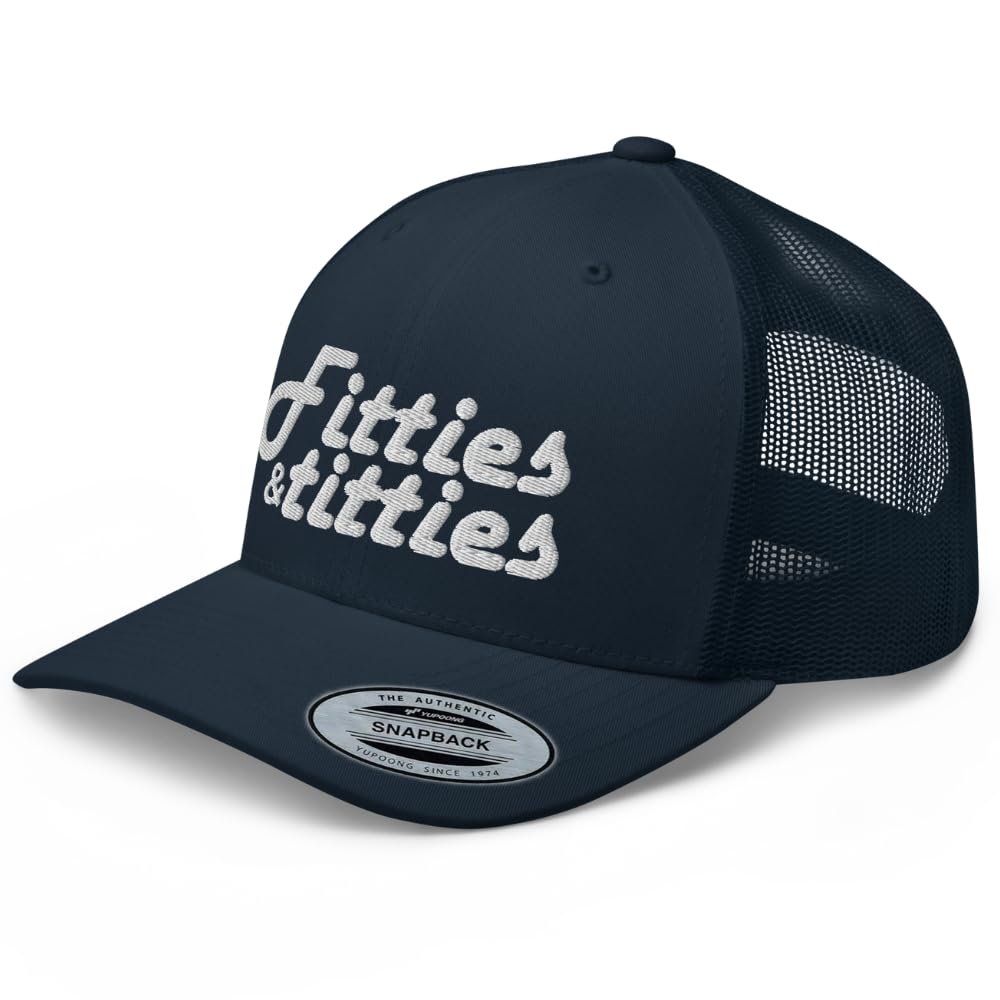 RIVEMUG Fitties and Titties Trucker Hat Curved Bill Mid Crown Adjustable Funny Adult Cap Navy