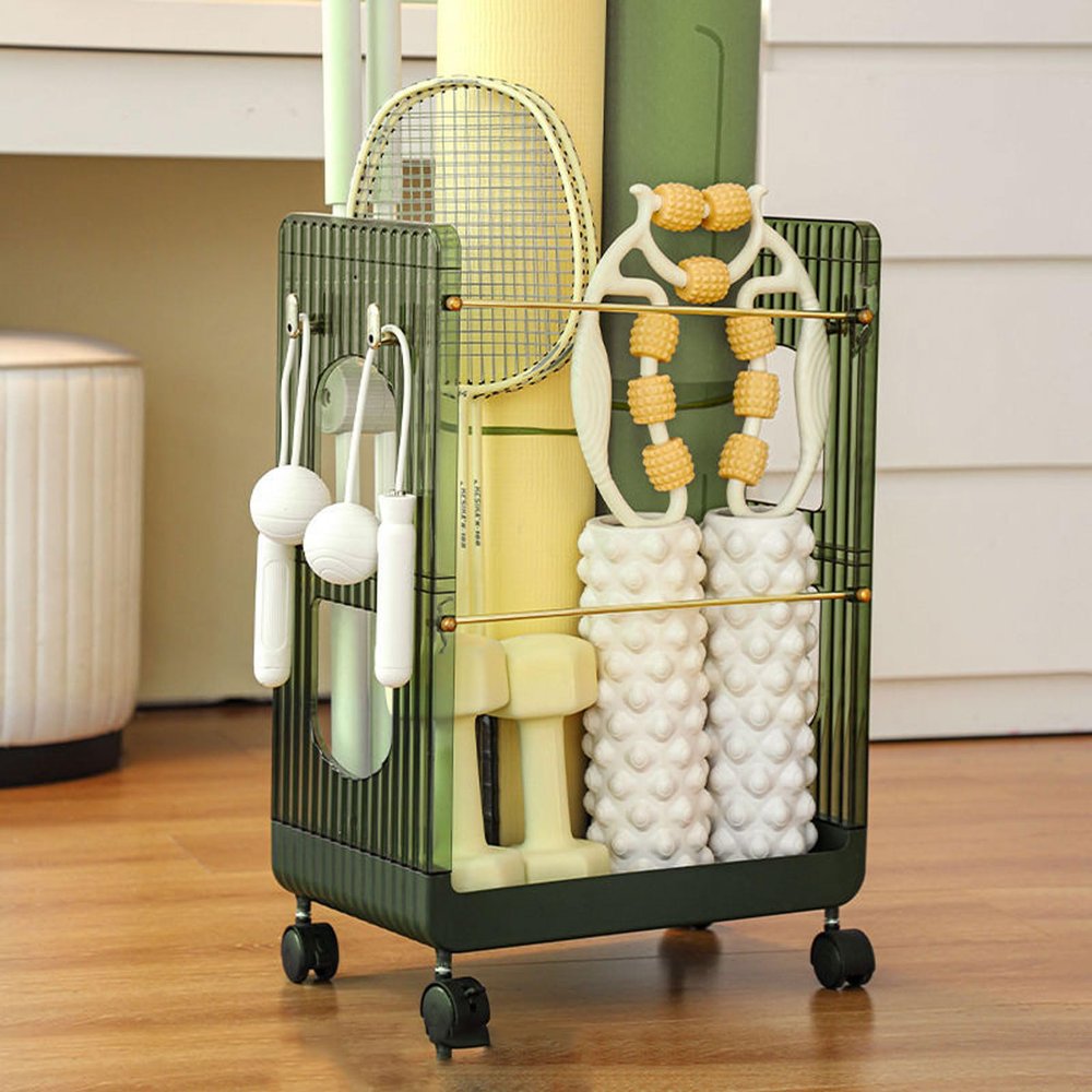 FEITJMMW Home Gym Storage Yoga Mat Holder Dumbbell Rack for Small Dumbbells Foam Roller and Resistance Bands, Workout Equipment Storage Organizer with Wheels and Hooks