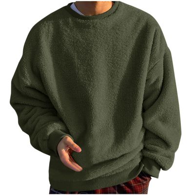 Mens Fleece Sherpa Crewneck Sweatshirts Fluffy Fuzzy Pullover Sweaters Casual Long Sleeve Tops Fashion Fall Outfits Army Green