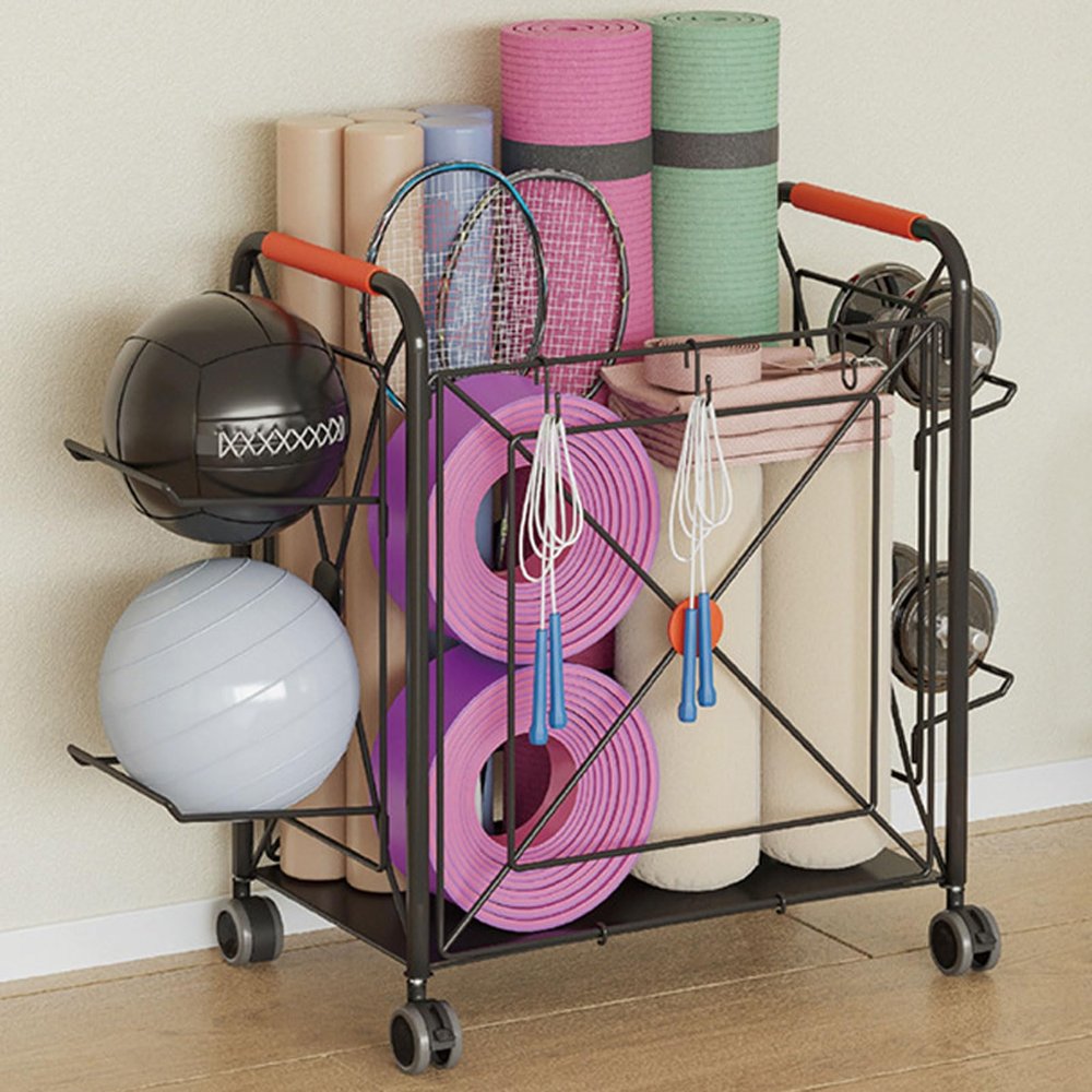 FEITJMMW Yoga Mat Storage Rack, Home Gym Storage Rack for Yoga Mat Foam Roller Resistance Bands Yoga Block and Dumbbells, Rolling Workout Storage Rack with Wheels and Basketball Rack