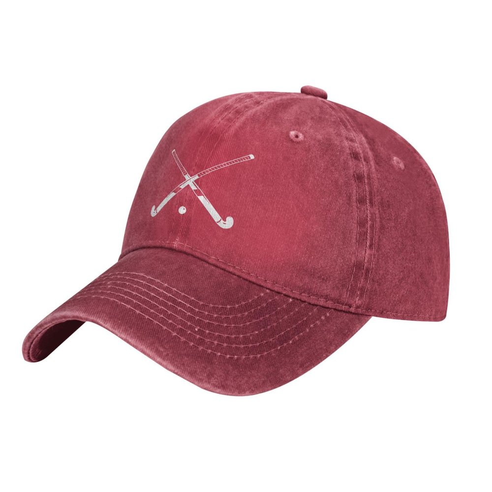 Field Hockey Stick Mens Hat Vintage Distressed Washed Denim Dad Trucker Hat Red Baseball Ball Cap Adjustable