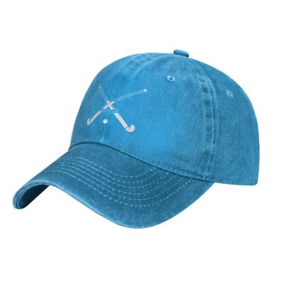 Field Hockey Stick Mens Hat Vintage Distressed Washed Denim Dad Trucker Hat Blue Baseball Ball Cap Adjustable