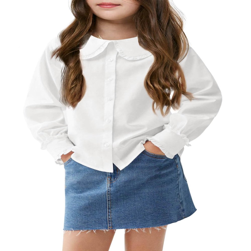 Haloumoning Girls Baby Doll Collar Shirt Classic Long Sleeve Button Down Uniform Shirts Soft Blouse Tops White