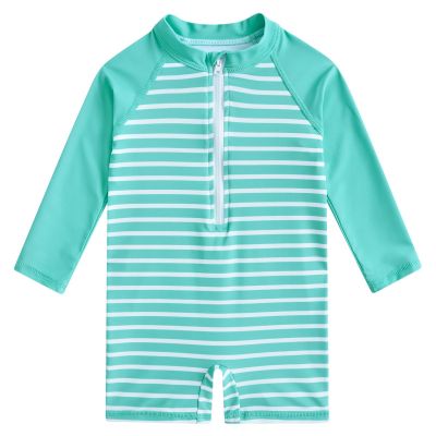 uideazone Toddler Boy Rash Guard Swimwear White Light Blue Stripe Zipper Swimsuit Long Sleeve Bathing Suit 18-24 Months