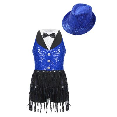 Loyan Kids Girls' Gymnastic Costume Stage Performance Dancewear Sequins Latin Jazz Dance Leotard Dress Royal Blue with Hat 16 Years