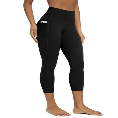 ODODOS Buttery Soft Lounge Yoga Leggings with Pockets for Women Cropped Length 23" High Waist Yoga Pants, Black, Large