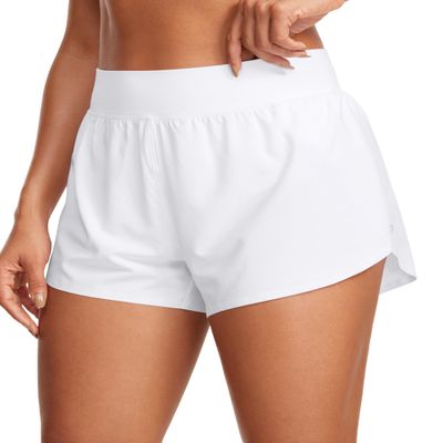 CRZ YOGA High Waisted Dolphin Athletic Running Shorts for Women 3" High Split Comfy Mesh Liner for Gym Workout Track White Large