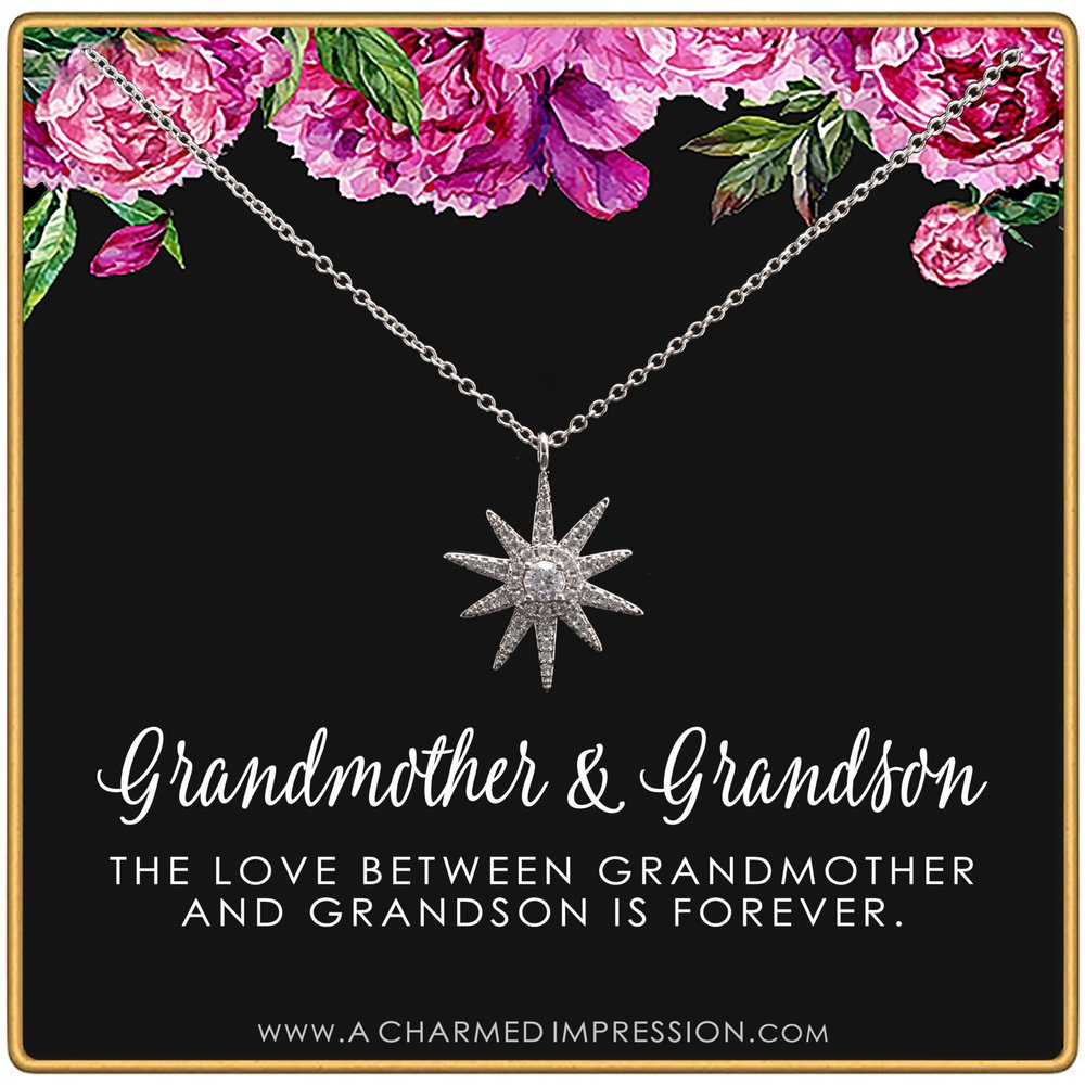 A Charmed Impression Sterling Silver Starburst Necklace - Grandma Gift from Grandson