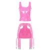 LiiYii Women's 2Pcs Sexy Lingerie Leather Clubwear Outfits Zipper Front Crop Top with Garters Skirt Pink Small view 1