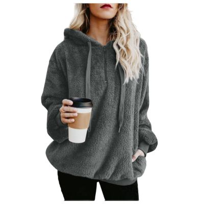 Clearance Womens Casual Winter Warm Fleece Sherpa Lined Pullover Hooded Sweatshirt Dark Gray