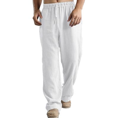 Linen Pants Men Big Tall Casual Cotton Yoga Pants with Pockets Drawstring Elastic Waist Straight-Leg Lightweight Trousers Summer Beach Golf Cotton Long Joggers Pants (C1-White,4X-Large)