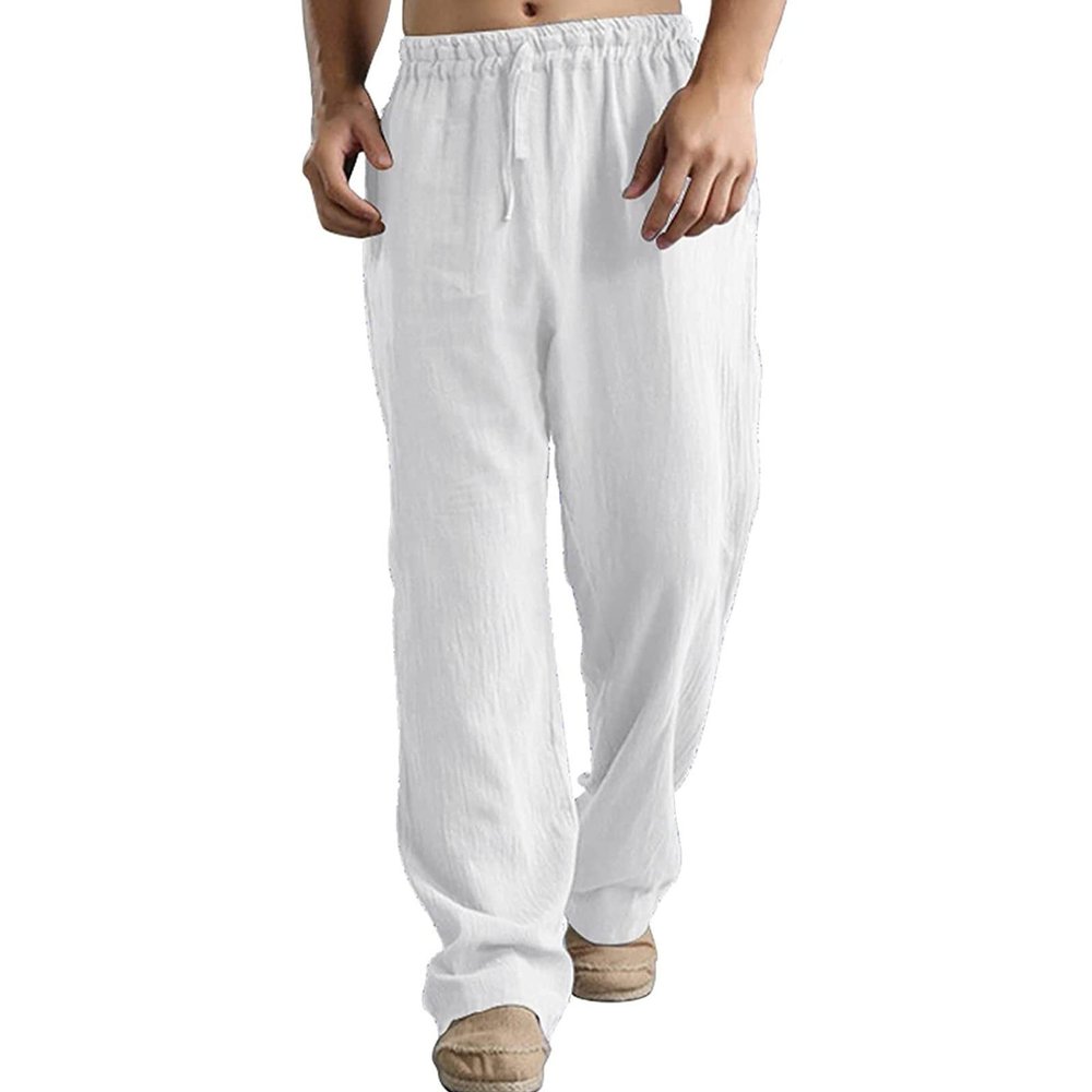Linen Pants Men Big Tall Casual Cotton Yoga Pants with Pockets Drawstring Elastic Waist Straight-Leg Lightweight Trousers Summer Beach Golf Cotton Long Joggers Pants (C1-White,4X-Large)