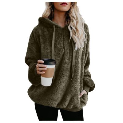 Clearance Womens Casual Winter Warm Fleece Sherpa Lined Pullover Hooded Sweatshirt Army Green
