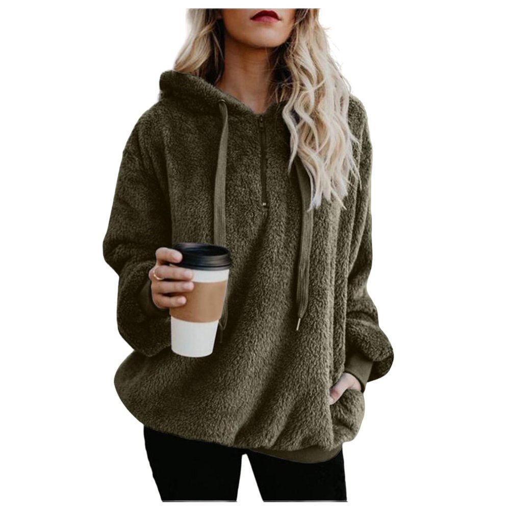 Clearance Womens Casual Winter Warm Fleece Sherpa Lined Pullover Hooded Sweatshirt Army Green
