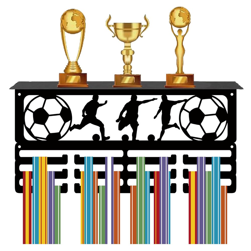 CREATCABIN Football Medal Display Hanger Trophy Shelf with 24 Hooks Metal Medal Trophy Display Rack Frame Trophy Holder Wall Mount Medal Ribbon Display Hanger for Soccer Running Awards 40x20cm(Black)