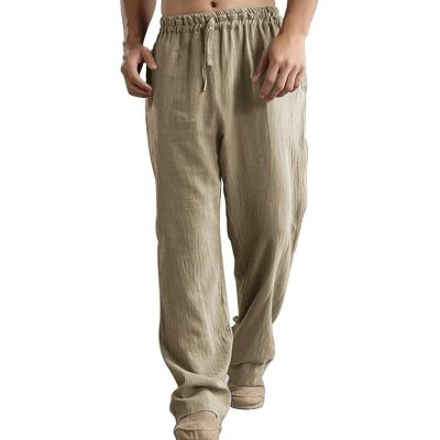 Linen Pants Men Big Tall Casual Cotton Yoga Pants with Pockets Drawstring Elastic Waist Straight-Leg Lightweight Trousers Summer Beach Golf Cotton Long Joggers Pants (C1-Khaki,3X-Large)