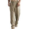 Linen Pants Men Big Tall Casual Cotton Yoga Pants with Pockets Drawstring Elastic Waist Straight-Leg Lightweight Trousers Summer Beach Golf Cotton Long Joggers Pants (C1-Khaki,3X-Large) view 1