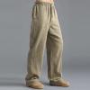 Linen Pants Men Big Tall Casual Cotton Yoga Pants with Pockets Drawstring Elastic Waist Straight-Leg Lightweight Trousers Summer Beach Golf Cotton Long Joggers Pants (C1-Khaki,3X-Large) view 3