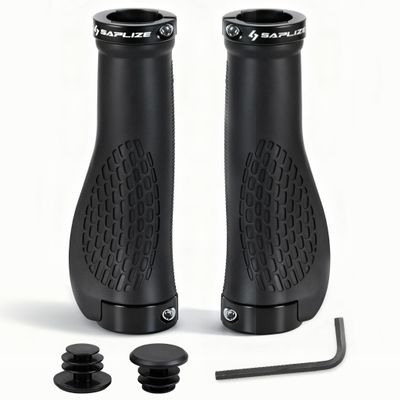 SAPLIZE Bike Grips, Ergonomic Design Bicycle Grips Widen Holding Rubber Bike Handlebar Grips with Aluminum Lock for Mountain Road MTB (Black, Black Rings)