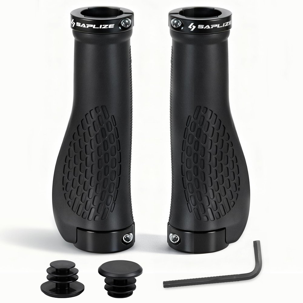 SAPLIZE Bike Grips, Ergonomic Design Bicycle Grips Widen Holding Rubber Bike Handlebar Grips with Aluminum Lock for Mountain Road MTB (Black, Black Rings)