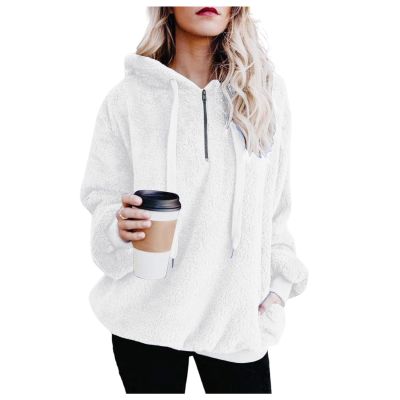Clearance Womens Casual Winter Warm Fleece Sherpa Lined Pullover Hooded Sweatshirt White
