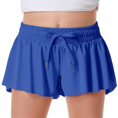 Flowy Shorts Girls Butterfly Shorts for Kids with Pocket 2-in-1 Athletic Shorts Running Shorts for Girls Youth Teen Active Workout Sports (Enamel Blue# Girls, X-Small)