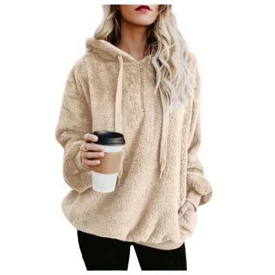 Clearance Womens Loose Casual Zipper Sherpa Fleece Pockets Pullover Sweatshirt for Women Beige