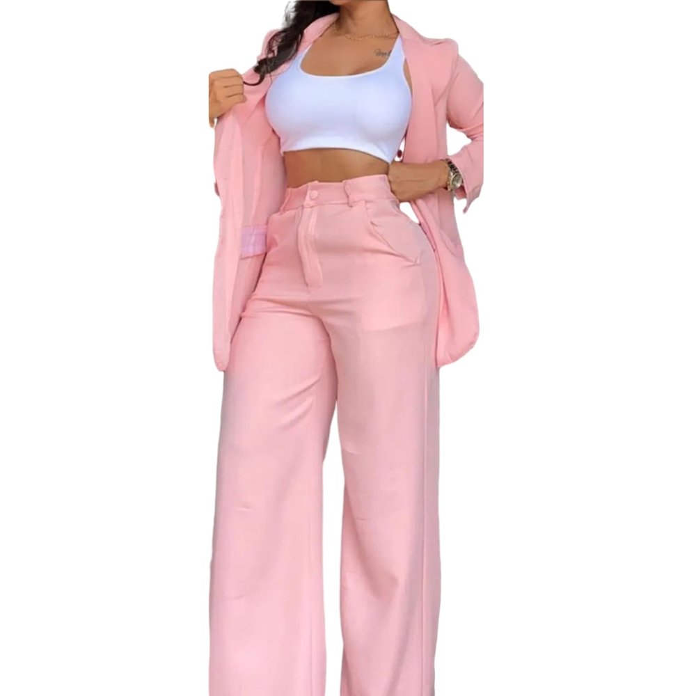 Shulemin Women Pants Suit Pocket Casual 2 Pcs/set Coat Single-breasted Turn-down Collar Long Sleeve Cardigan Jacket Wide Leg Pink S