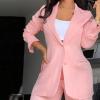 Shulemin Women Pants Suit Pocket Casual 2 Pcs/set Coat Single-breasted Turn-down Collar Long Sleeve Cardigan Jacket Wide Leg Pink S view 2